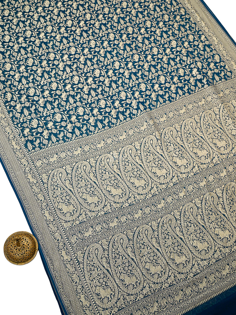 Midnight Blue Shikargah Zari Jaal Khaddi Georgette Handloom Banarasi Saree - Sacred Weaves