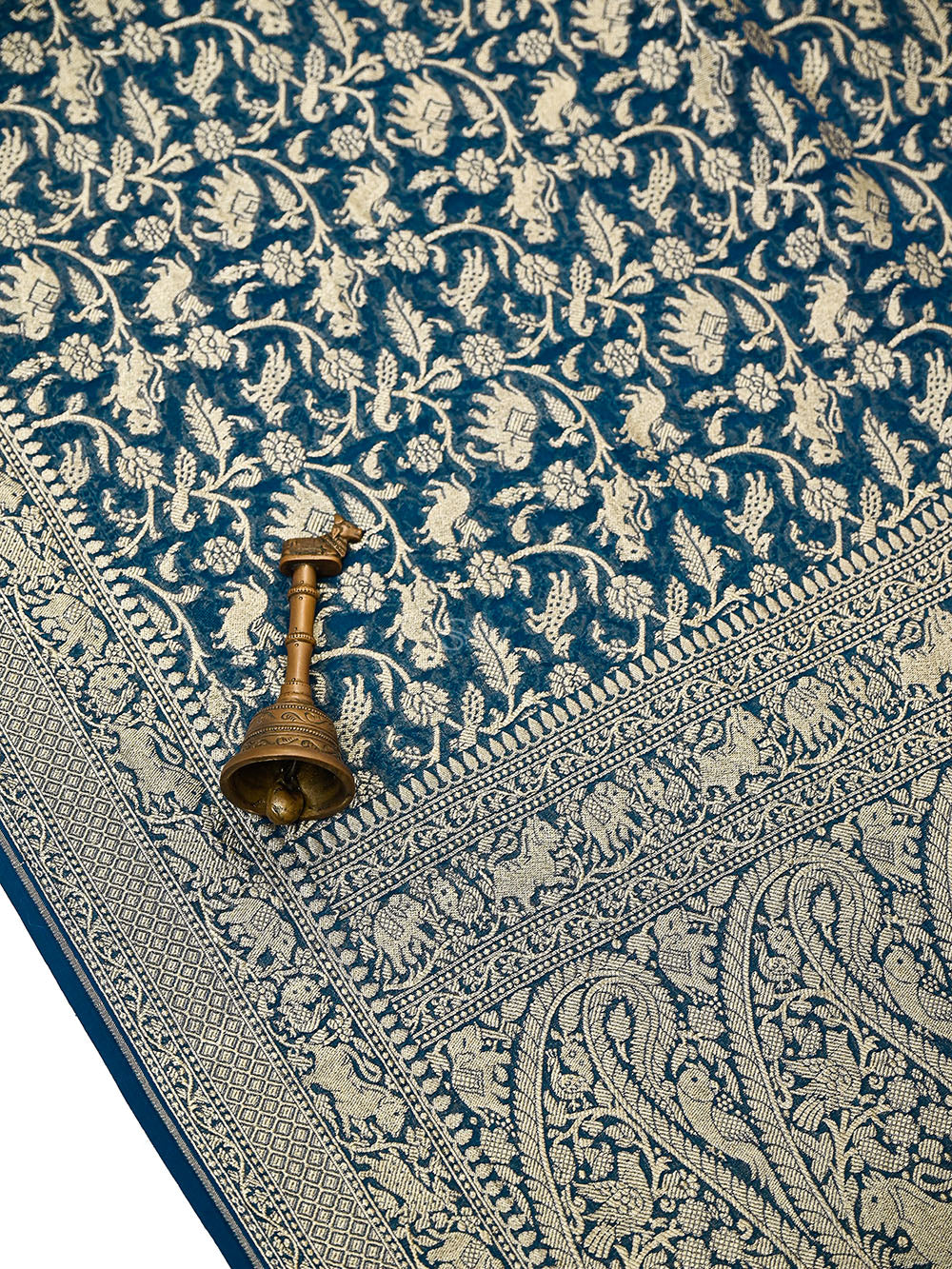 Midnight Blue Shikargah Zari Jaal Khaddi Georgette Handloom Banarasi Saree - Sacred Weaves