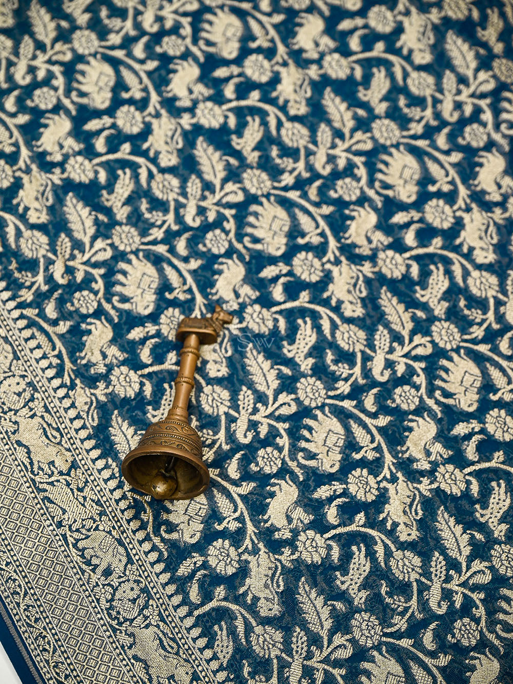 Midnight Blue Shikargah Zari Jaal Khaddi Georgette Handloom Banarasi Saree - Sacred Weaves