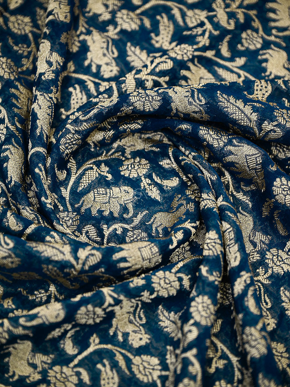 Midnight Blue Shikargah Zari Jaal Khaddi Georgette Handloom Banarasi Saree - Sacred Weaves