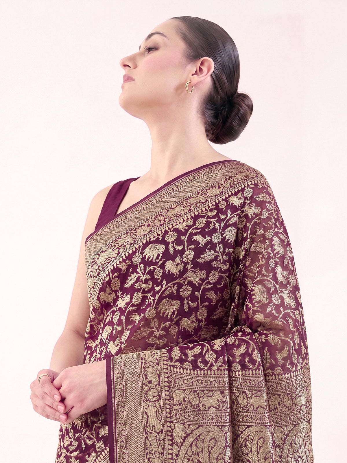 Wine Shikargah Zari Jaal Khaddi Georgette Handloom Banarasi Saree - Sacred Weaves