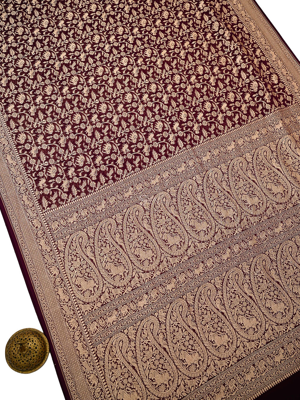 Wine Shikargah Zari Jaal Khaddi Georgette Handloom Banarasi Saree - Sacred Weaves