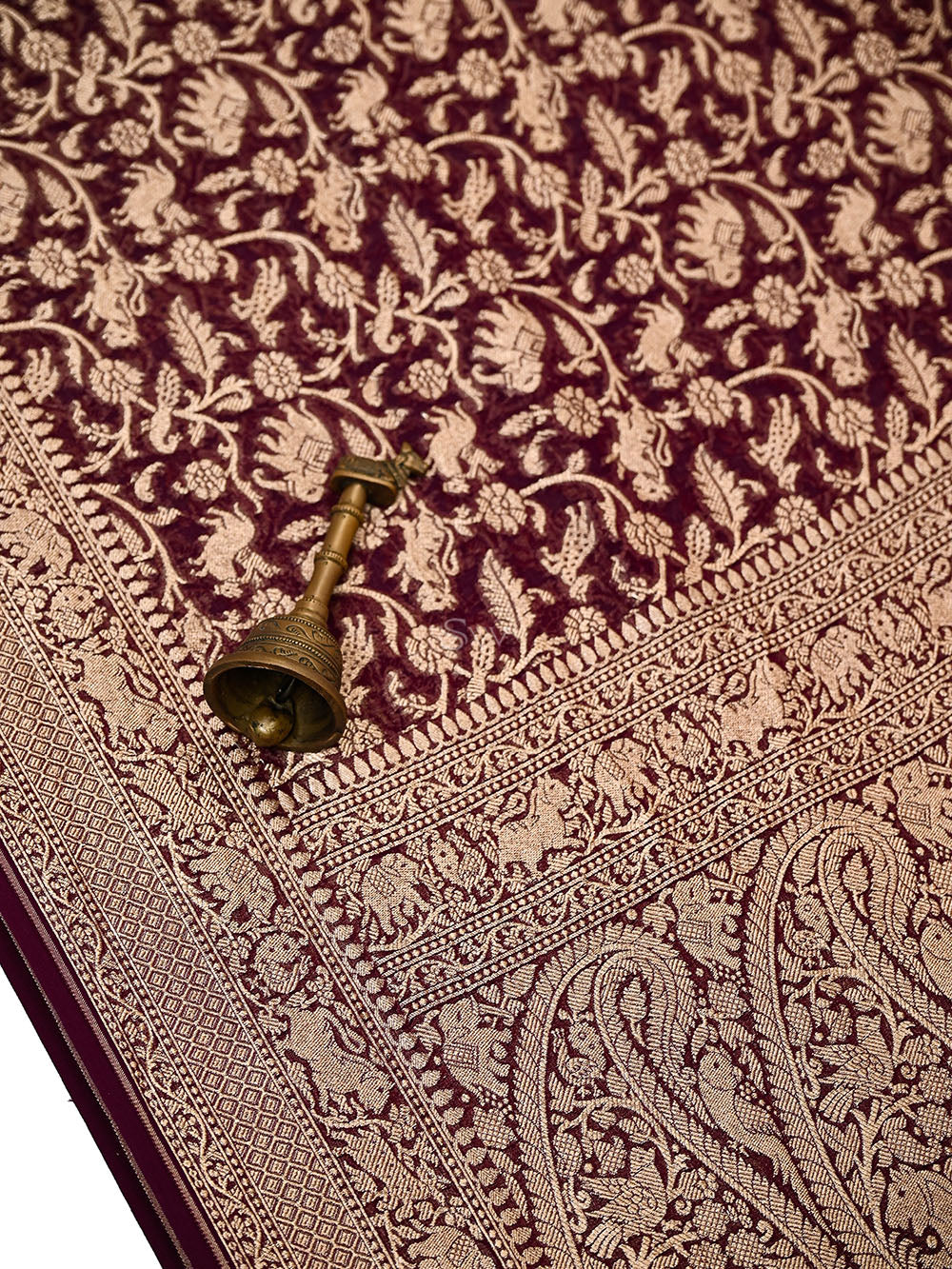 Wine Shikargah Zari Jaal Khaddi Georgette Handloom Banarasi Saree - Sacred Weaves