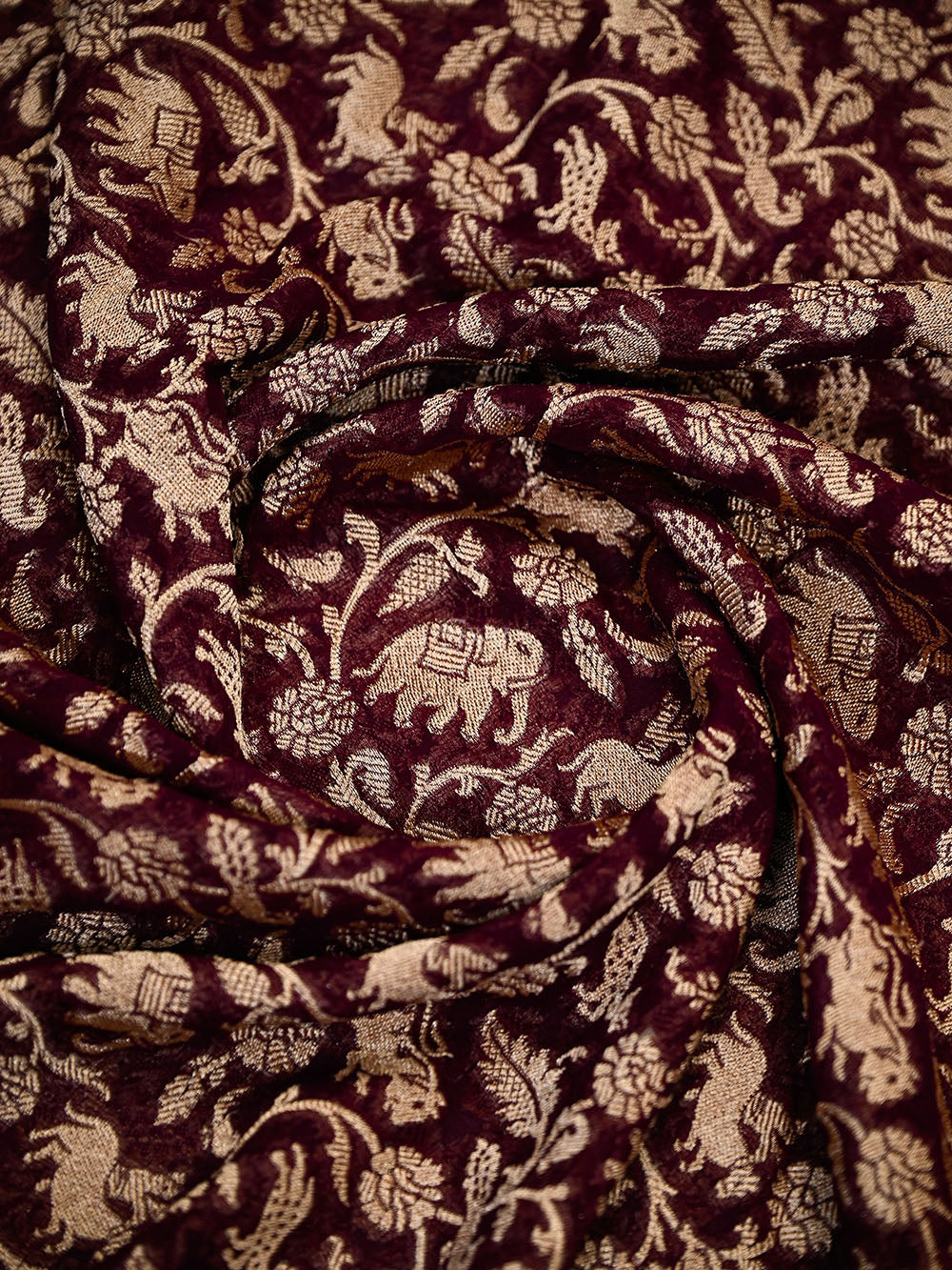 Wine Shikargah Zari Jaal Khaddi Georgette Handloom Banarasi Saree - Sacred Weaves