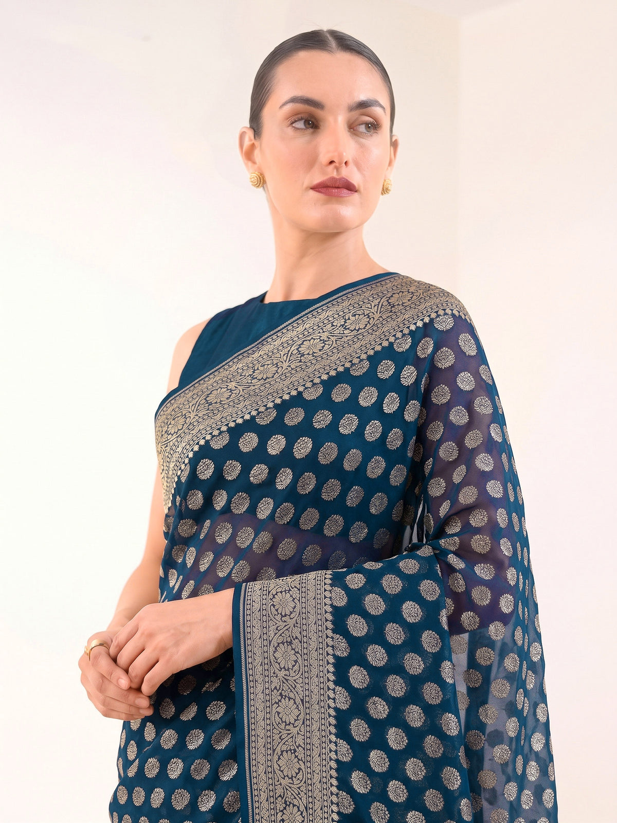 Midnight Blue Boota Khaddi Georgette Handloom Banarasi Saree - Sacred Weaves