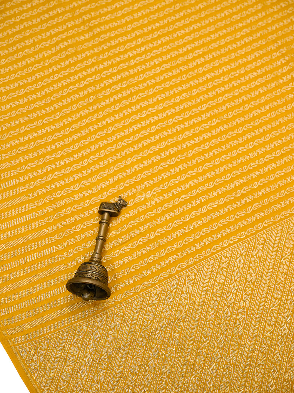 Yellow Zari Stripe Crepe Silk Handloom Banarasi Saree - Sacred Weaves