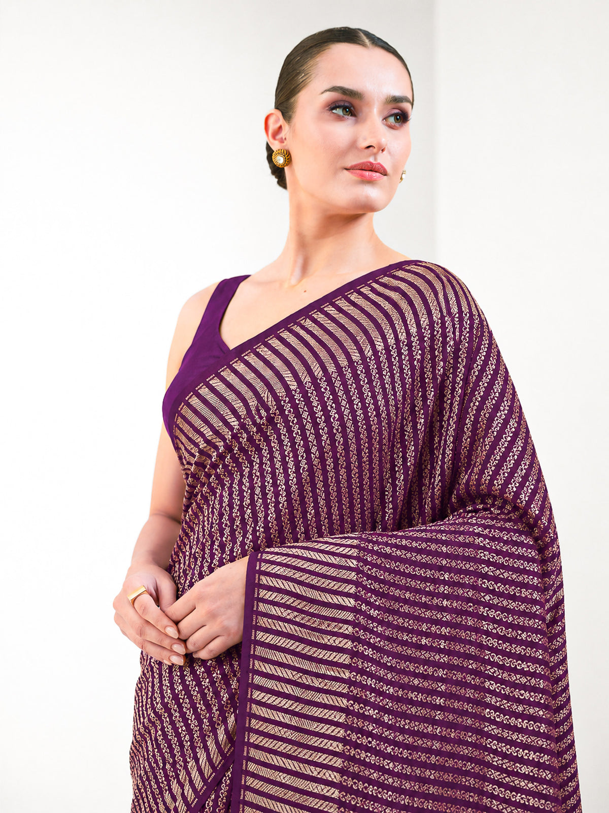 Purple Zari Stripe Crepe Silk Handloom Banarasi Saree - Sacred Weaves