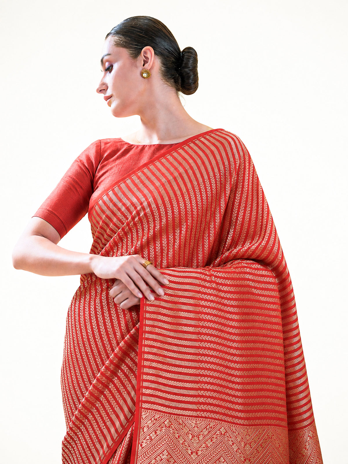 Red Zari Stripe Crepe Silk Handloom Banarasi Saree - Sacred Weaves