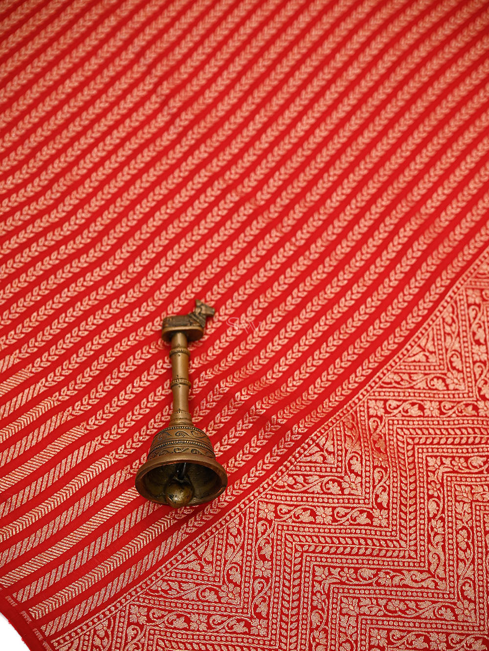 Red Zari Stripe Crepe Silk Handloom Banarasi Saree - Sacred Weaves