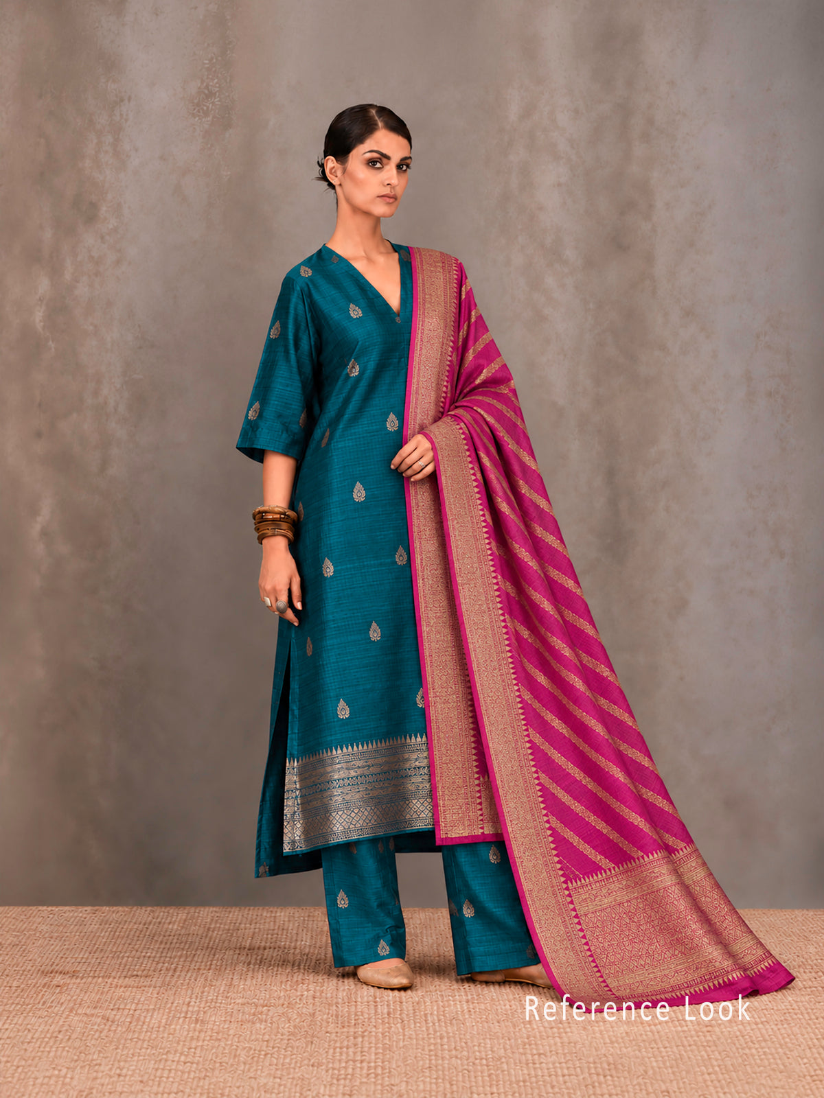 Teal Blue Booti Dupion Silk Handloom Banarasi Suit - Sacred Weaves