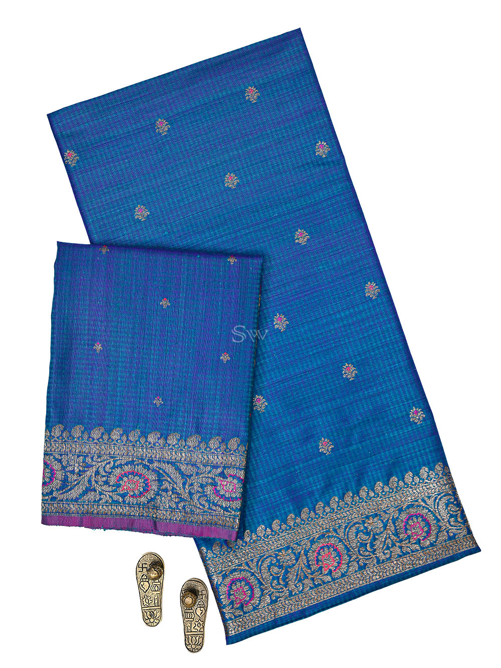 Peacock Blue Meenakari Booti Dupion Silk Handloom Banarasi Suit - Sacred Weaves