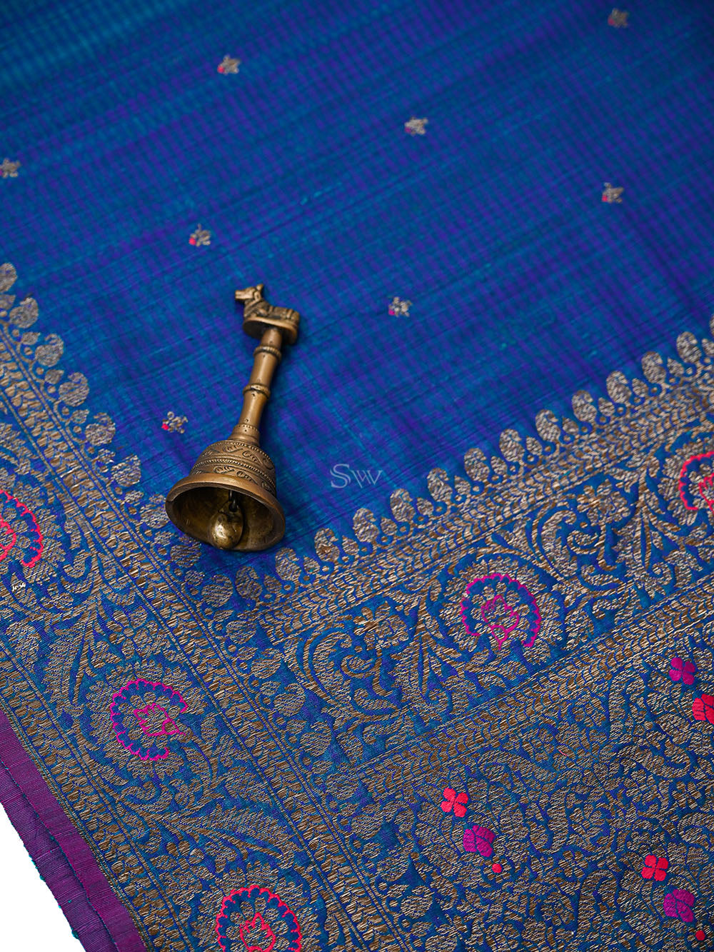 Peacock Blue Meenakari Booti Dupion Silk Handloom Banarasi Suit - Sacred Weaves