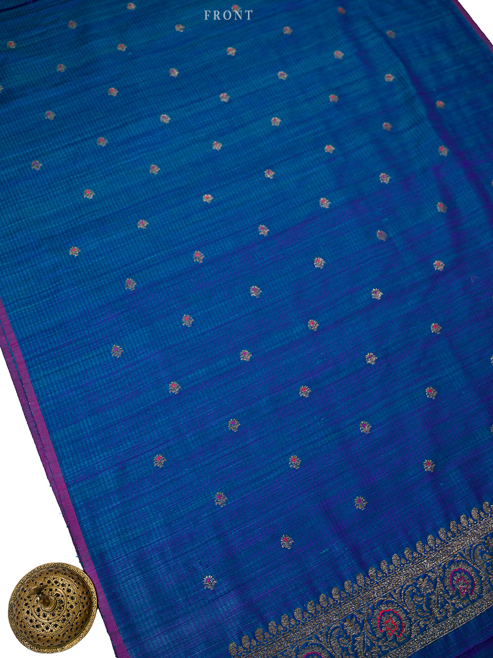 Peacock Blue Meenakari Booti Dupion Silk Handloom Banarasi Suit - Sacred Weaves