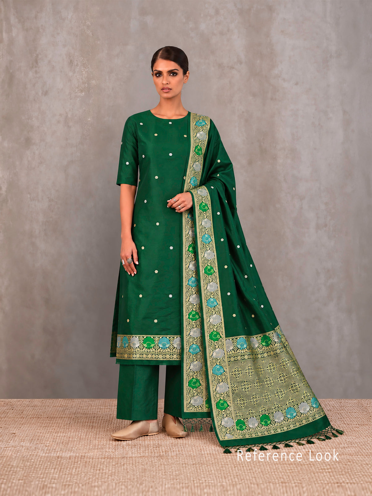 Bottle Green Booti Katan Silk Handloom Banarasi Suit - Sacred Weaves