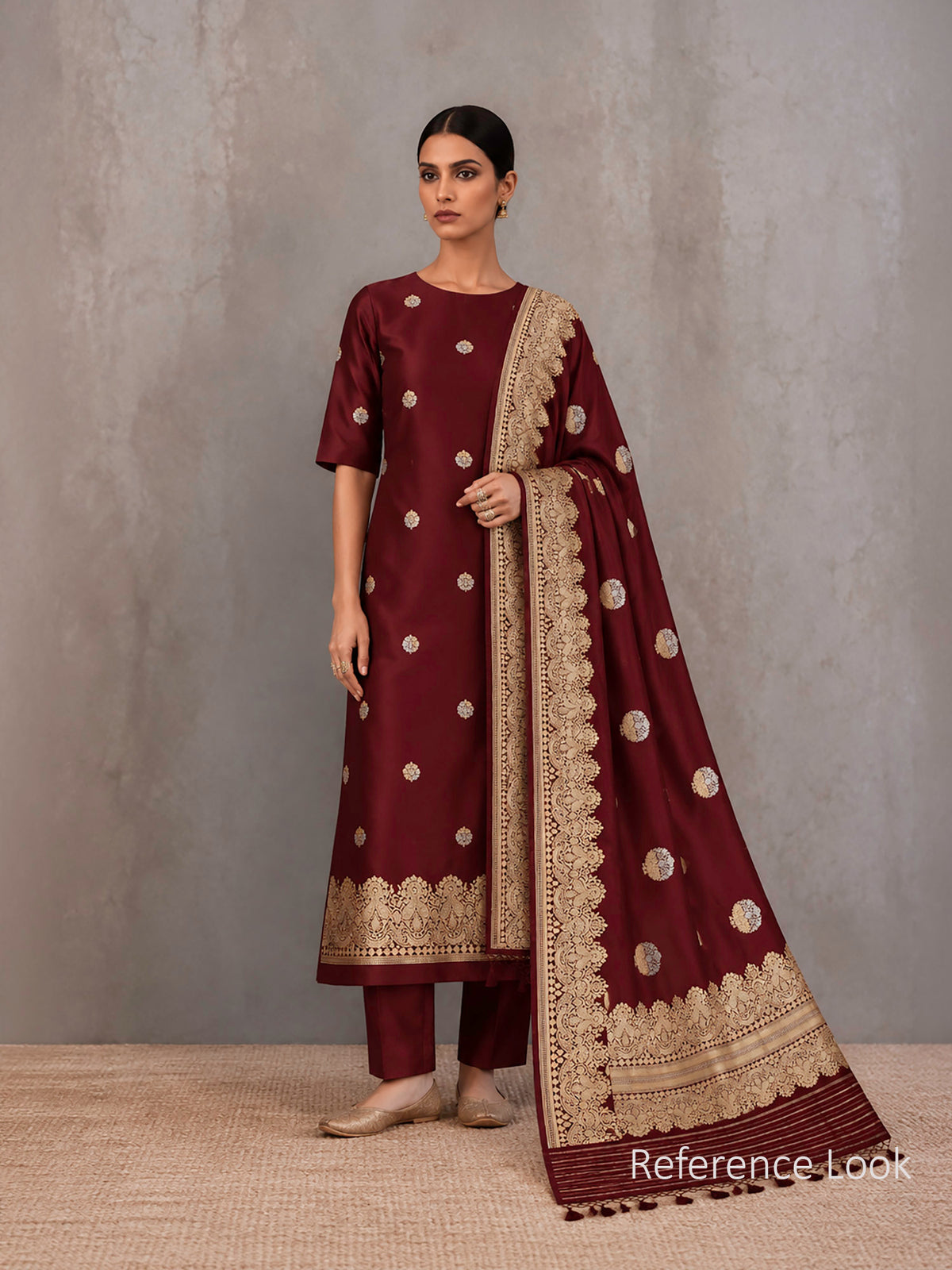 Dark Maroon Booti Katan Silk Handloom Banarasi Suit - Sacred Weaves