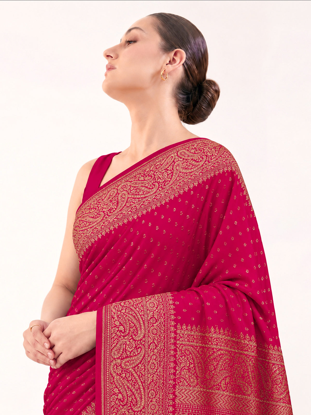 Dark Pink Booti Crepe Silk Handloom Banarasi Saree - Sacred Weaves