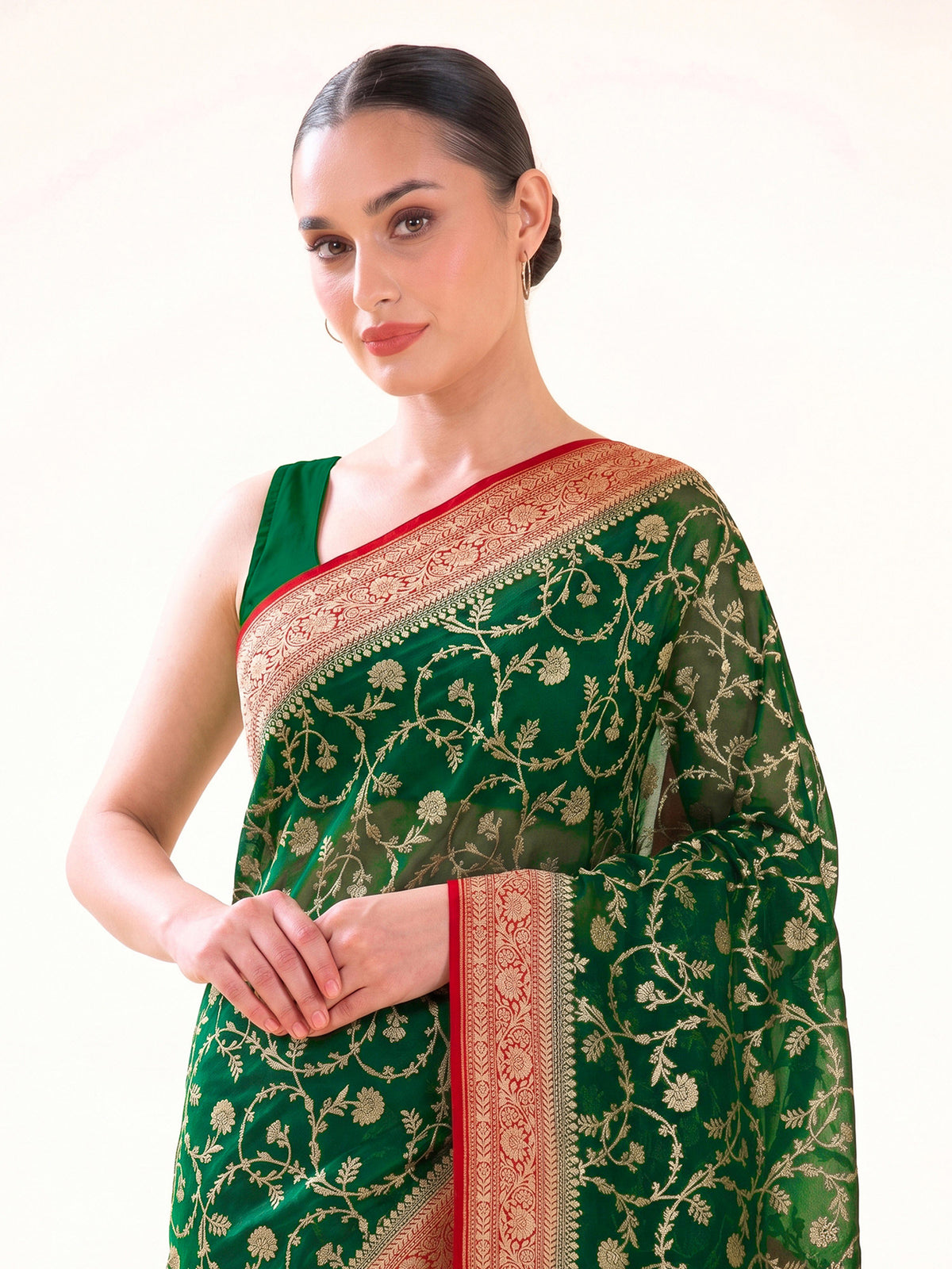 Bottle Green Red Jaal Khaddi Georgette Handloom Banarasi Saree - Sacred Weaves