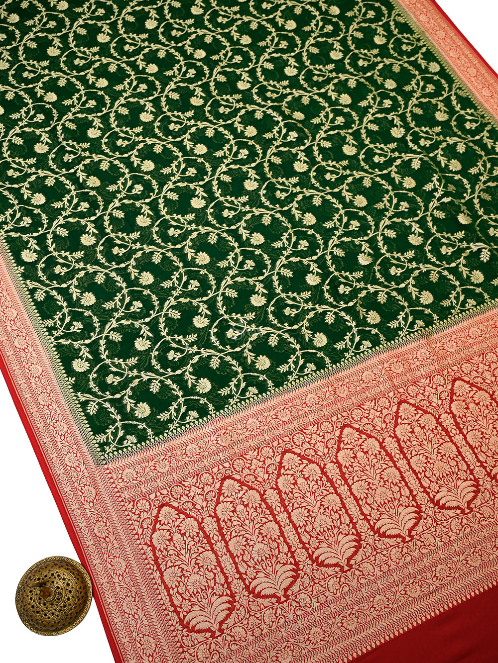 Bottle Green Red Jaal Khaddi Georgette Handloom Banarasi Saree - Sacred Weaves