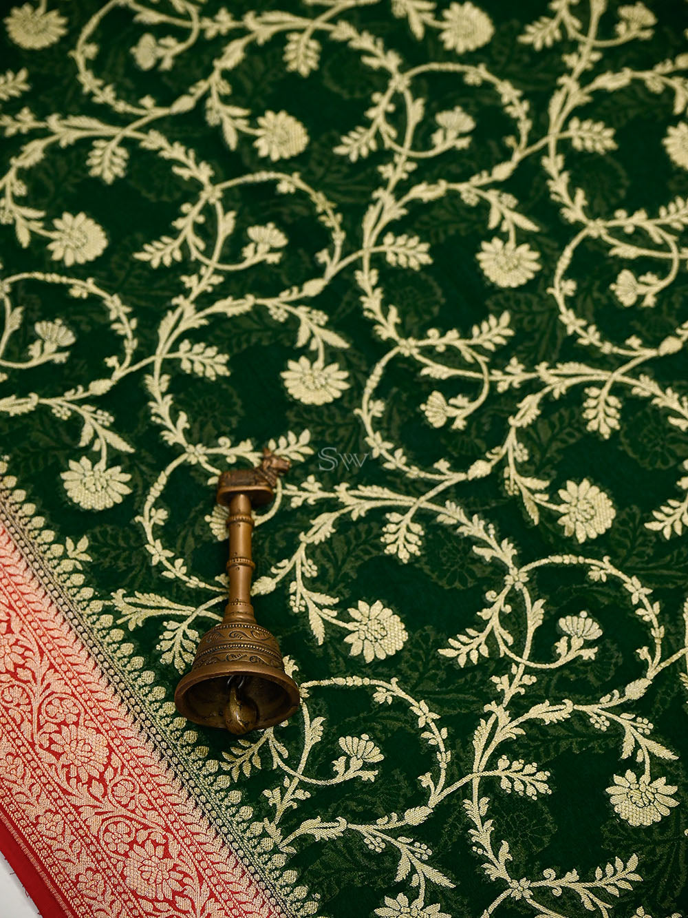 Bottle Green Red Jaal Khaddi Georgette Handloom Banarasi Saree - Sacred Weaves