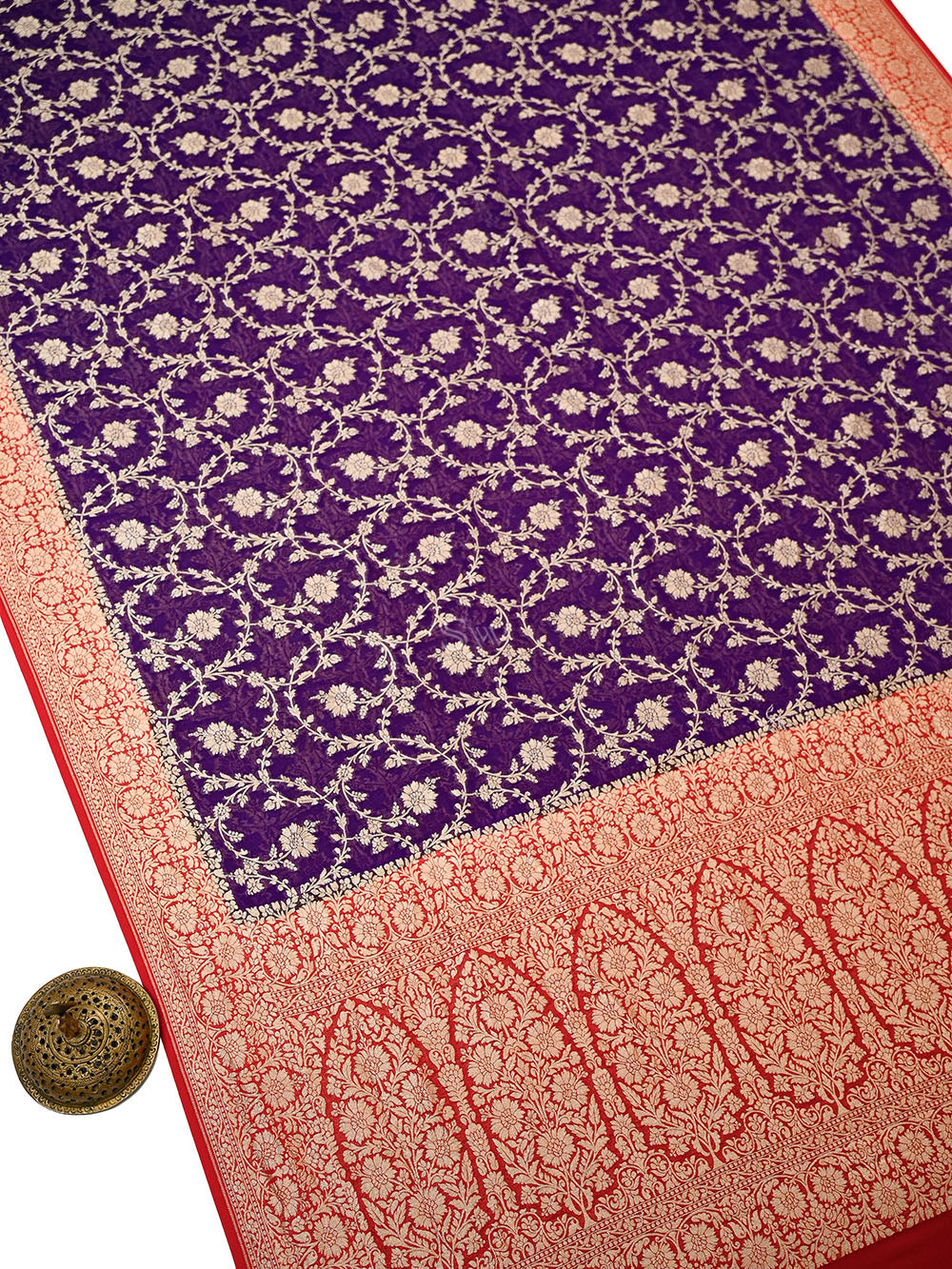 Purple Red Jaal Khaddi Georgette Handloom Banarasi Saree - Sacred Weaves
