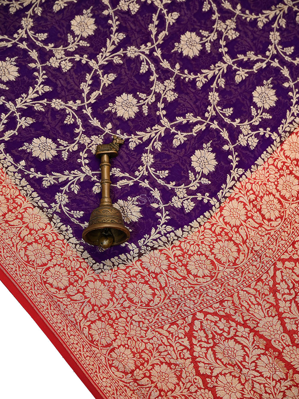 Purple Red Jaal Khaddi Georgette Handloom Banarasi Saree - Sacred Weaves