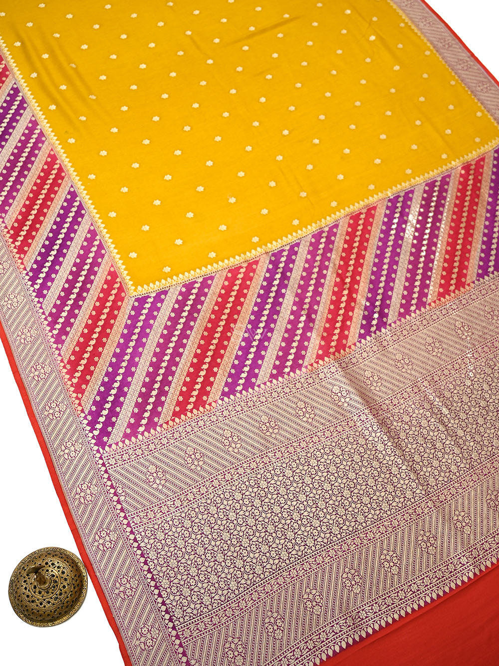 Yellow Booti Moonga Tussar Silk Handloom Banarasi Saree - Sacred Weaves