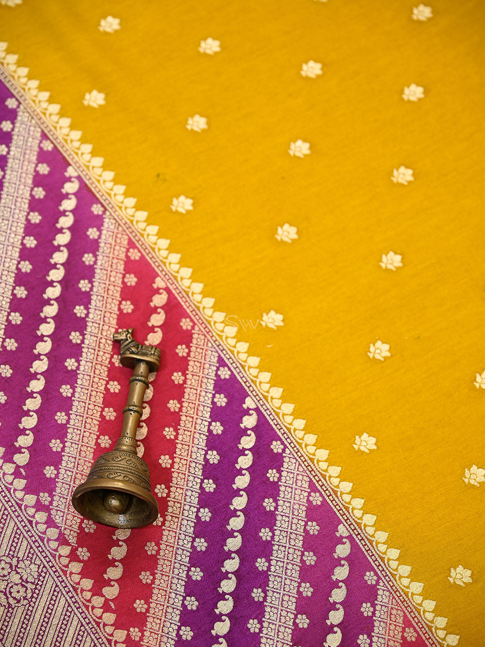 Yellow Booti Moonga Tussar Silk Handloom Banarasi Saree - Sacred Weaves