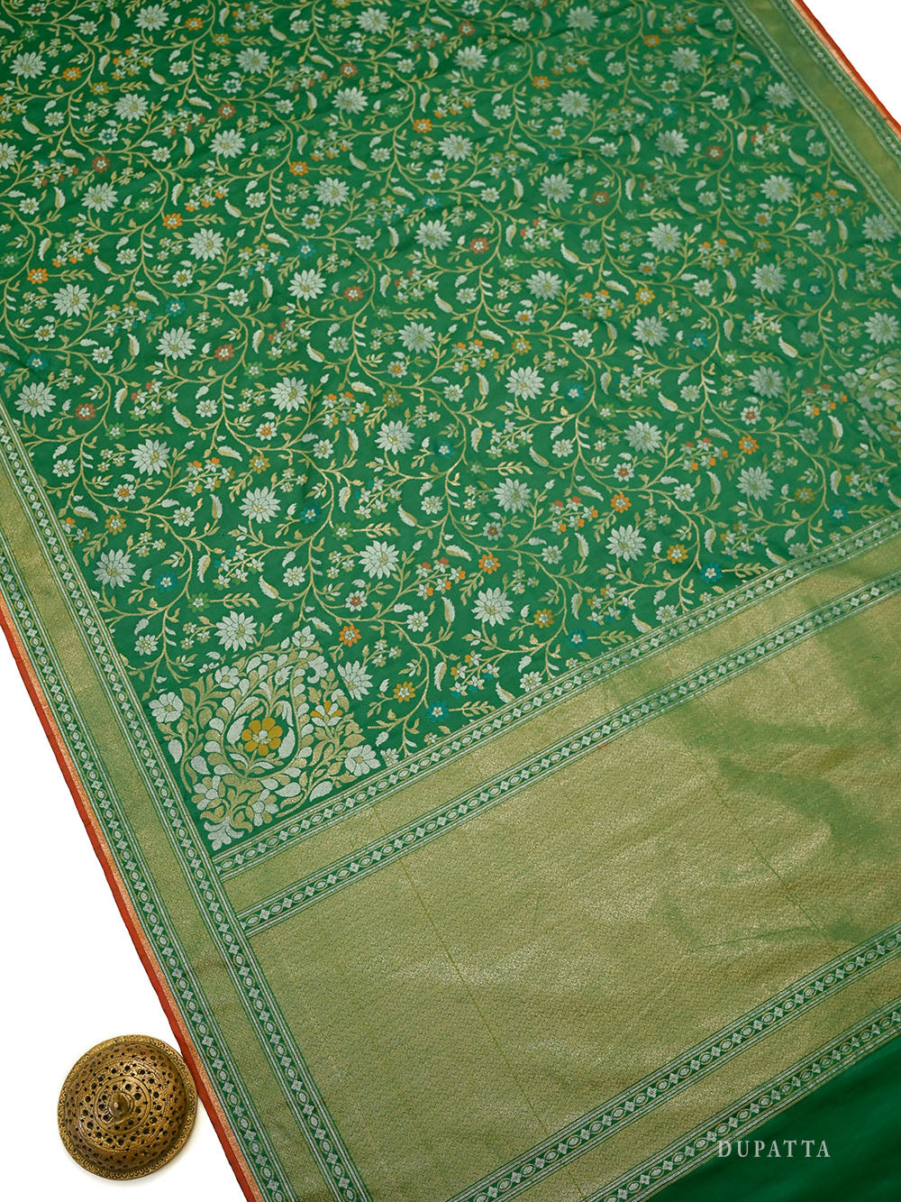 Bottle Green Meenakari Booti Katan Silk Handloom Banarasi Suit - Sacred Weaves