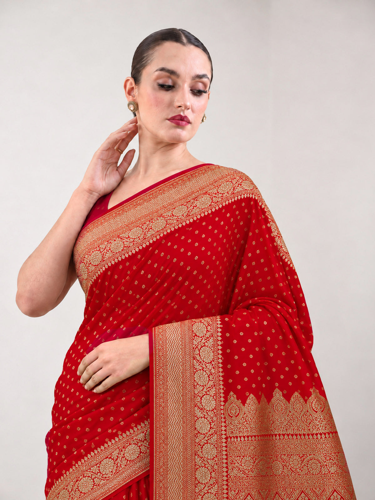 Red Zari Booti Crepe Silk Handloom Banarasi Saree - Sacred Weaves