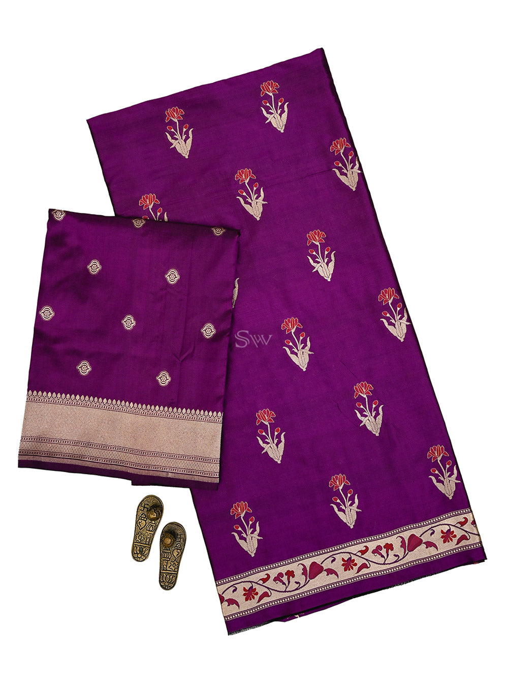 Purple Booti Katan Silk Handloom Banarasi Suit - Sacred Weaves