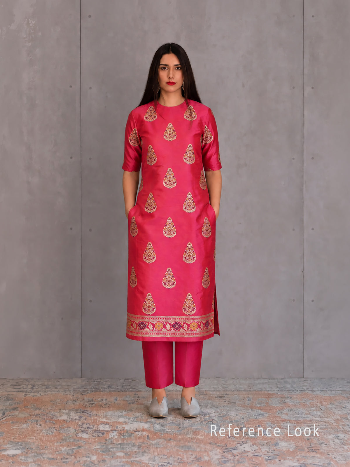 Pink Orange Meenakari Booti Katan Silk Handloom Banarasi Suit - Sacred Weaves