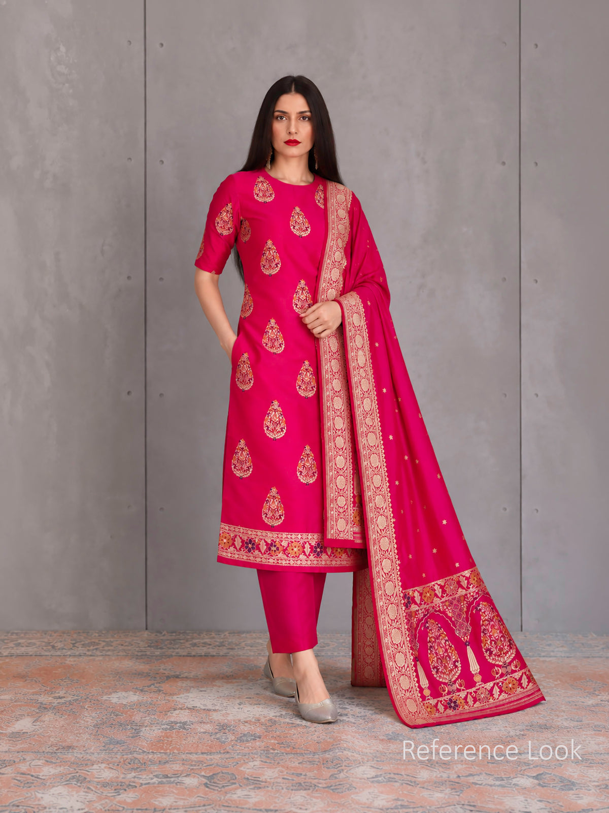 Pink Orange Meenakari Booti Katan Silk Handloom Banarasi Suit - Sacred Weaves