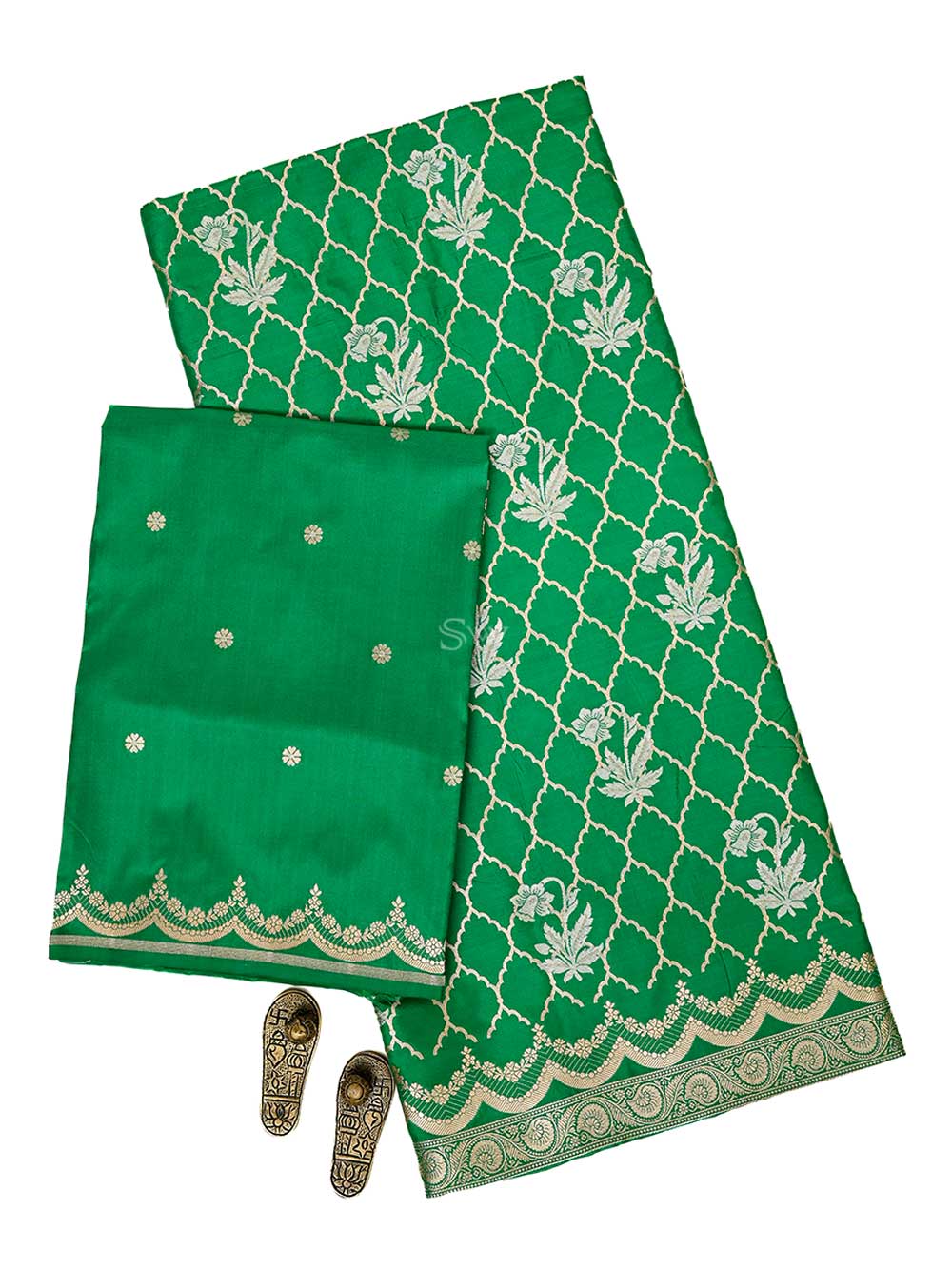 Green Sona Roopa Jaal Katan Silk Handloom Banarasi Suit - Sacred Weaves