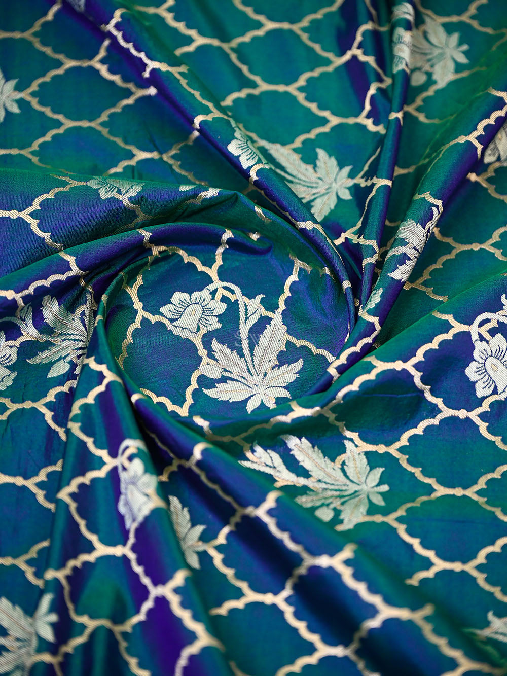 Blue Green Sona Roopa Jaal Katan Silk Handloom Banarasi Suit - Sacred Weaves