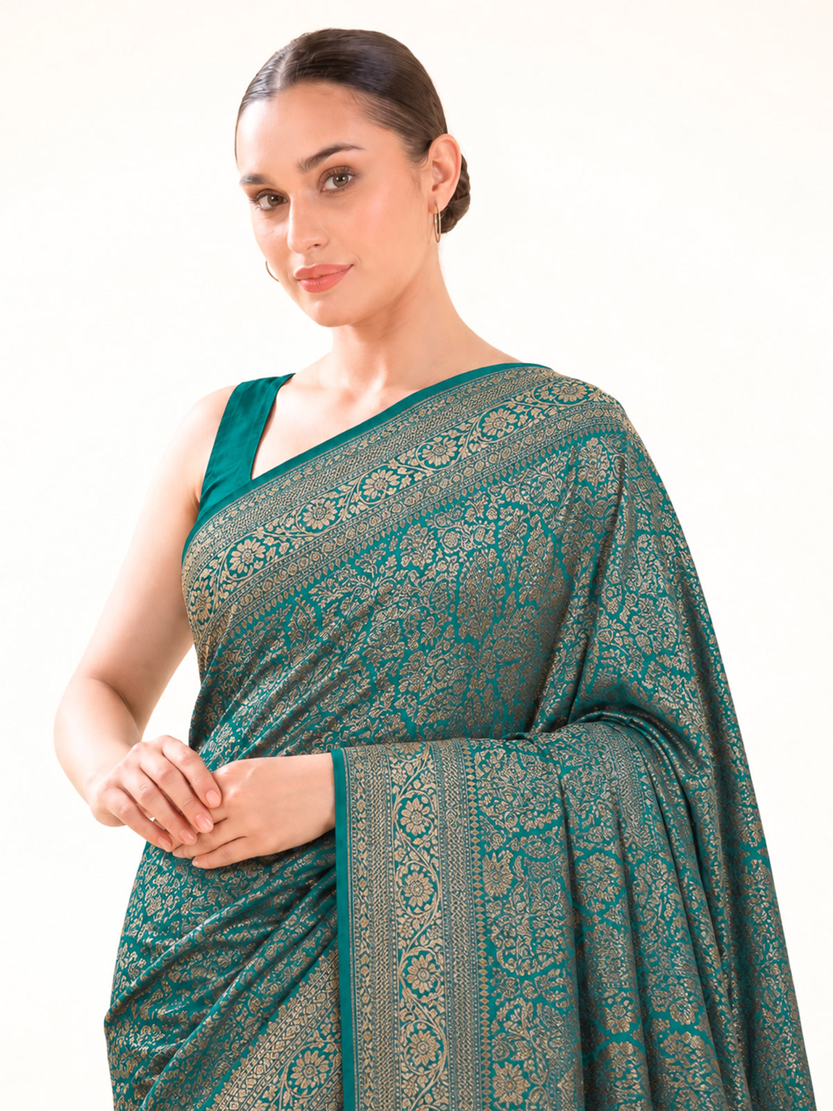 Teal Green Brocade Crepe Silk Handloom Banarasi Saree - Sacred Weaves