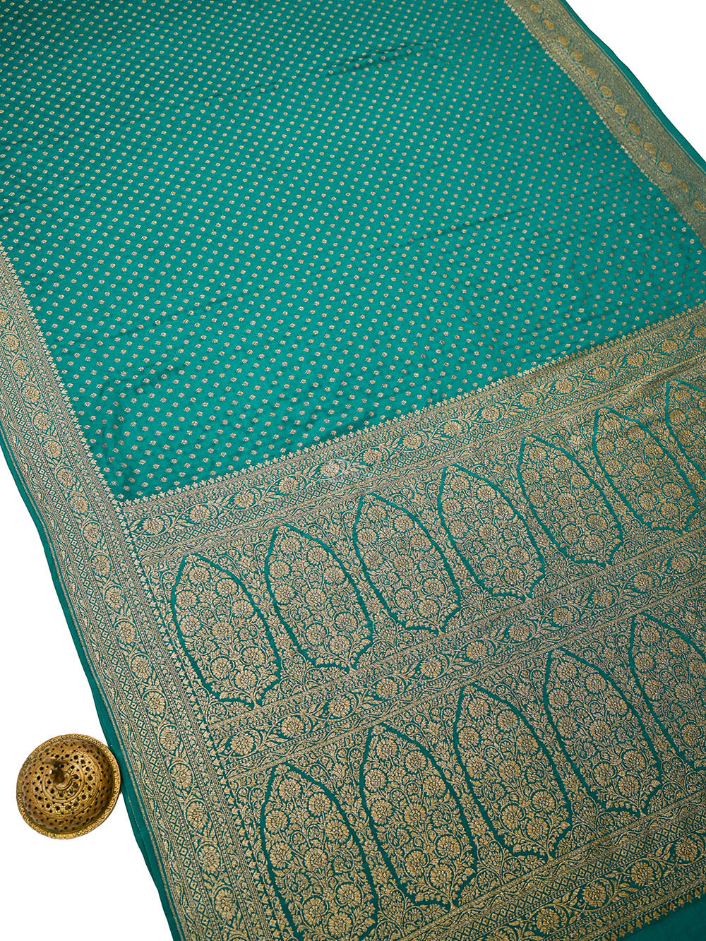 Teal Green Zari Booti Crepe Silk Handloom Banarasi Saree - Sacred Weaves