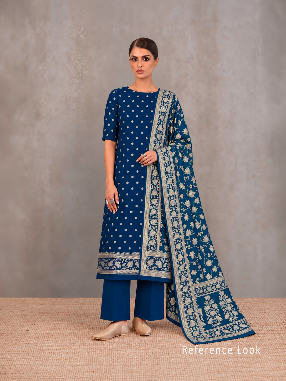 Midnight Blue Sona Roopa Booti Khaddi Georgette Handloom Banarasi Suit - Sacred Weaves