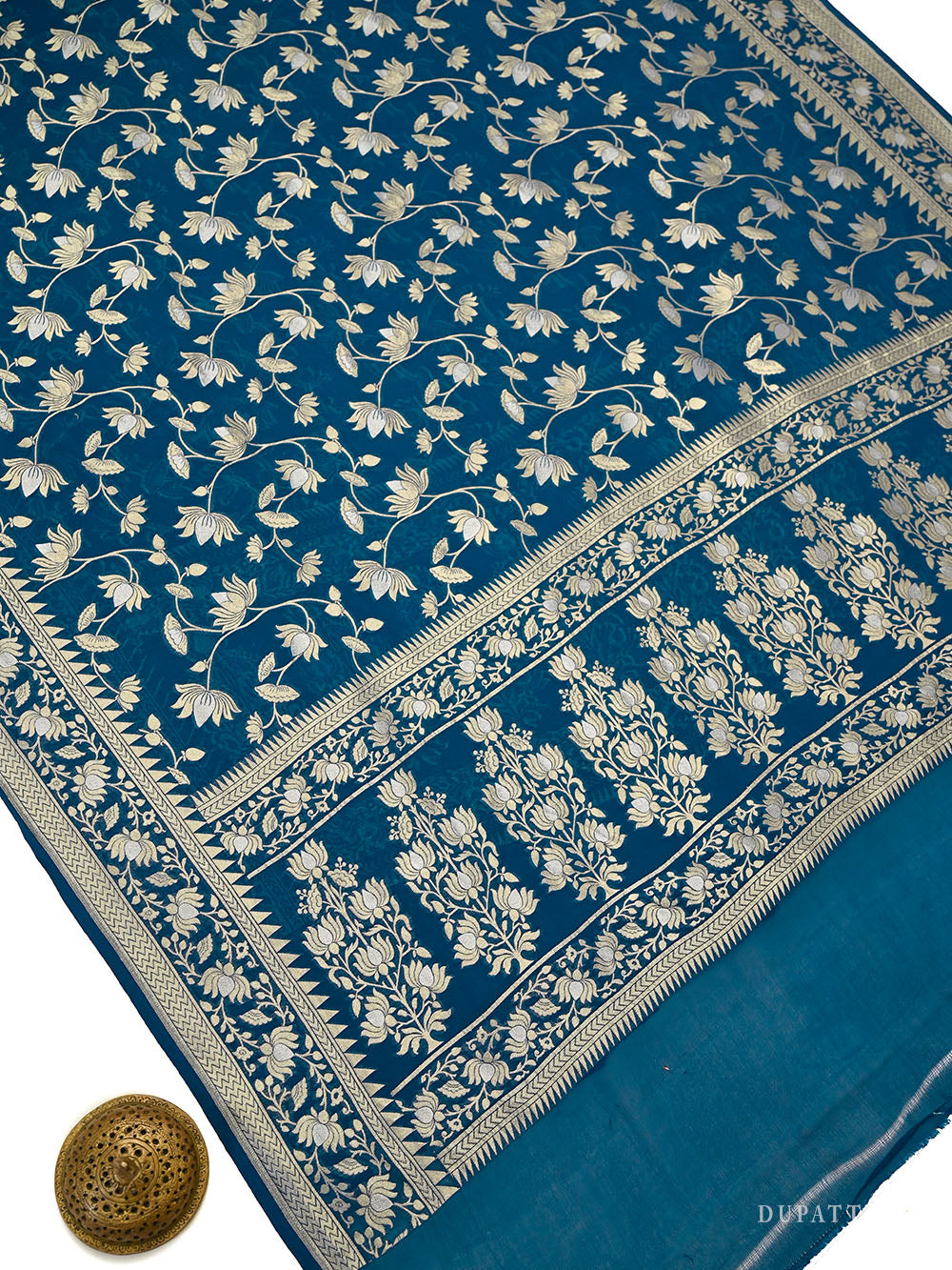 Midnight Blue Sona Roopa Booti Khaddi Georgette Handloom Banarasi Suit - Sacred Weaves