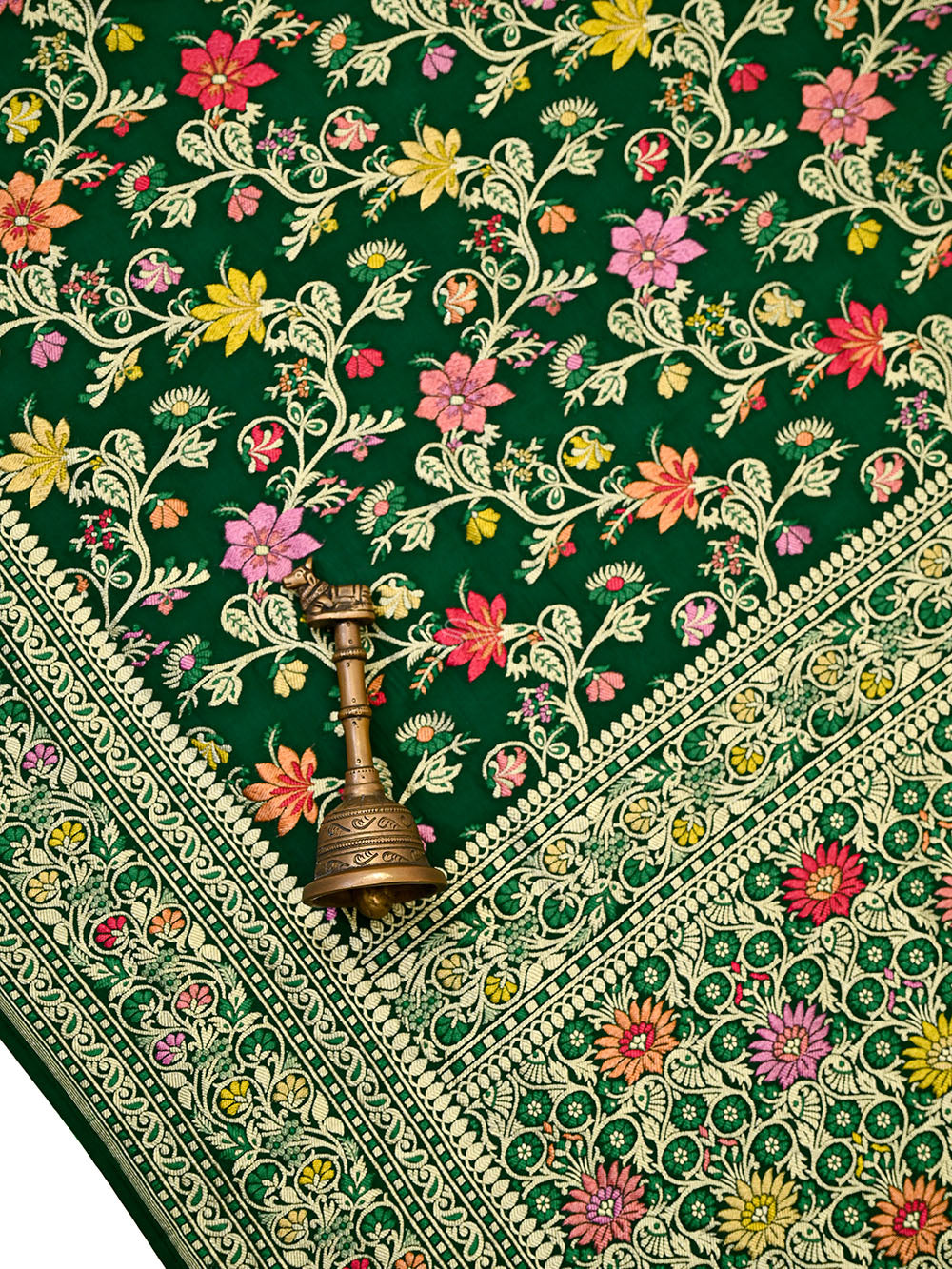 Bottle Green Meenakari Crepe Silk Handloom Banarasi Suit - Sacred Weaves