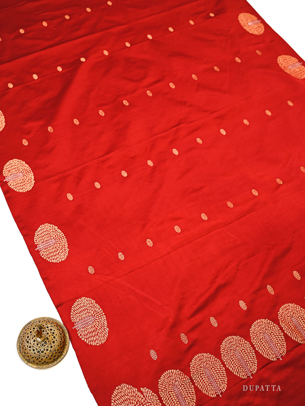 Red Floral Booti Satin Silk Handloom Banarasi Suit - Sacred Weaves