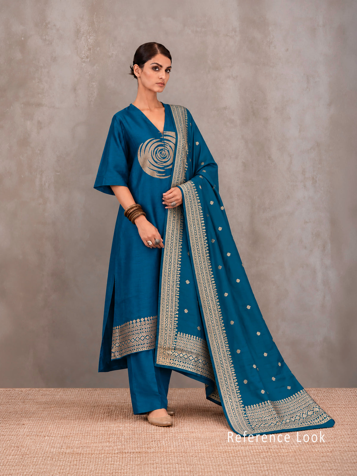 Green Blue Plain Katan Silk Handloom Banarasi Suit - Sacred Weaves