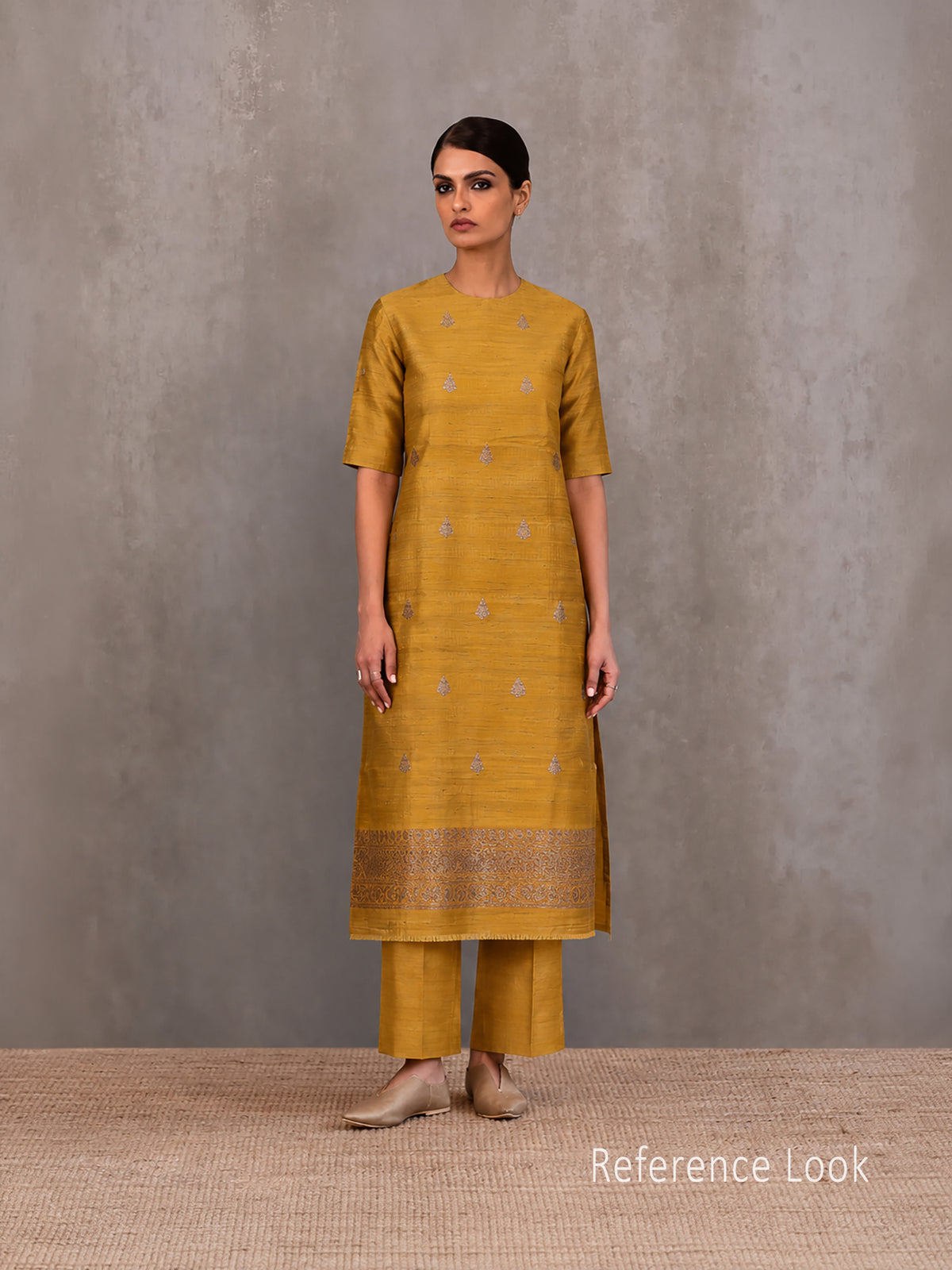 Mustard Booti Dupion Silk Handloom Banarasi Suit - Sacred Weaves
