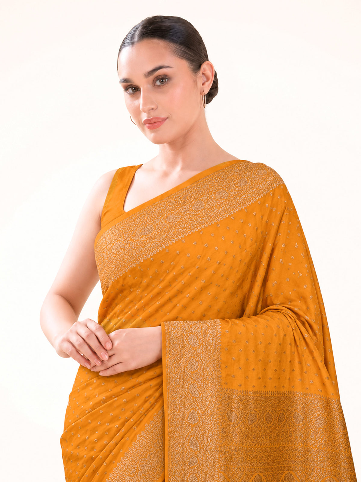 Mustard Floral Booti Crepe Silk Handloom Banarasi Saree - Sacred Weaves
