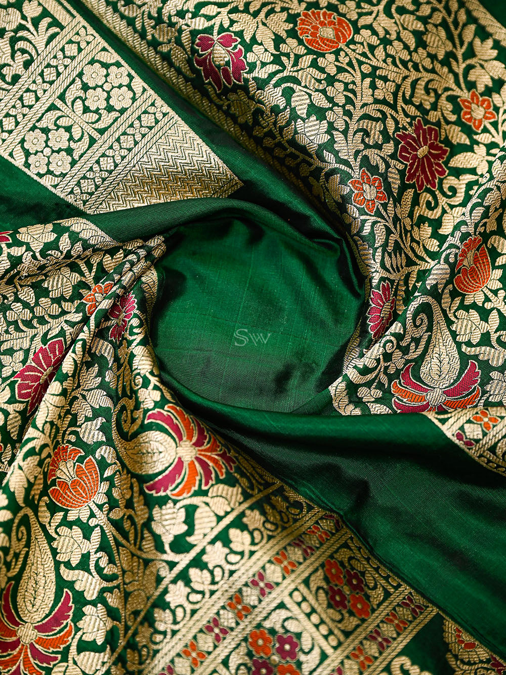 Bottle Green Meenakari Silk Handloom Banarasi Lehenga - Sacred Weaves