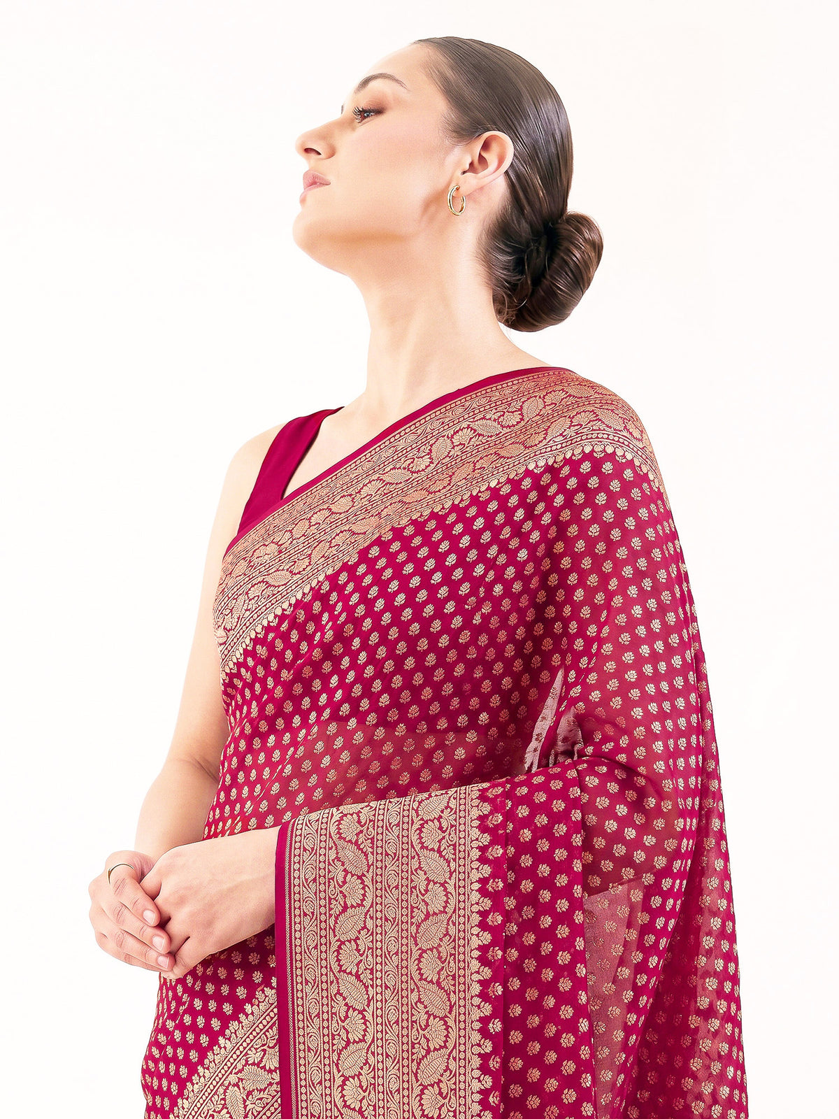 Dark Pink Booti Khaddi Georgette Handloom Banarasi Saree - Sacred Weaves