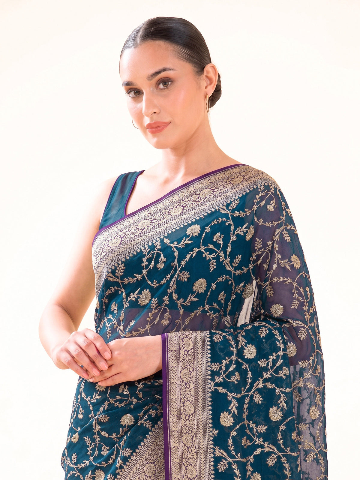 Midnight Blue Jaal Khaddi Georgette Handloom Banarasi Saree - Sacred Weaves