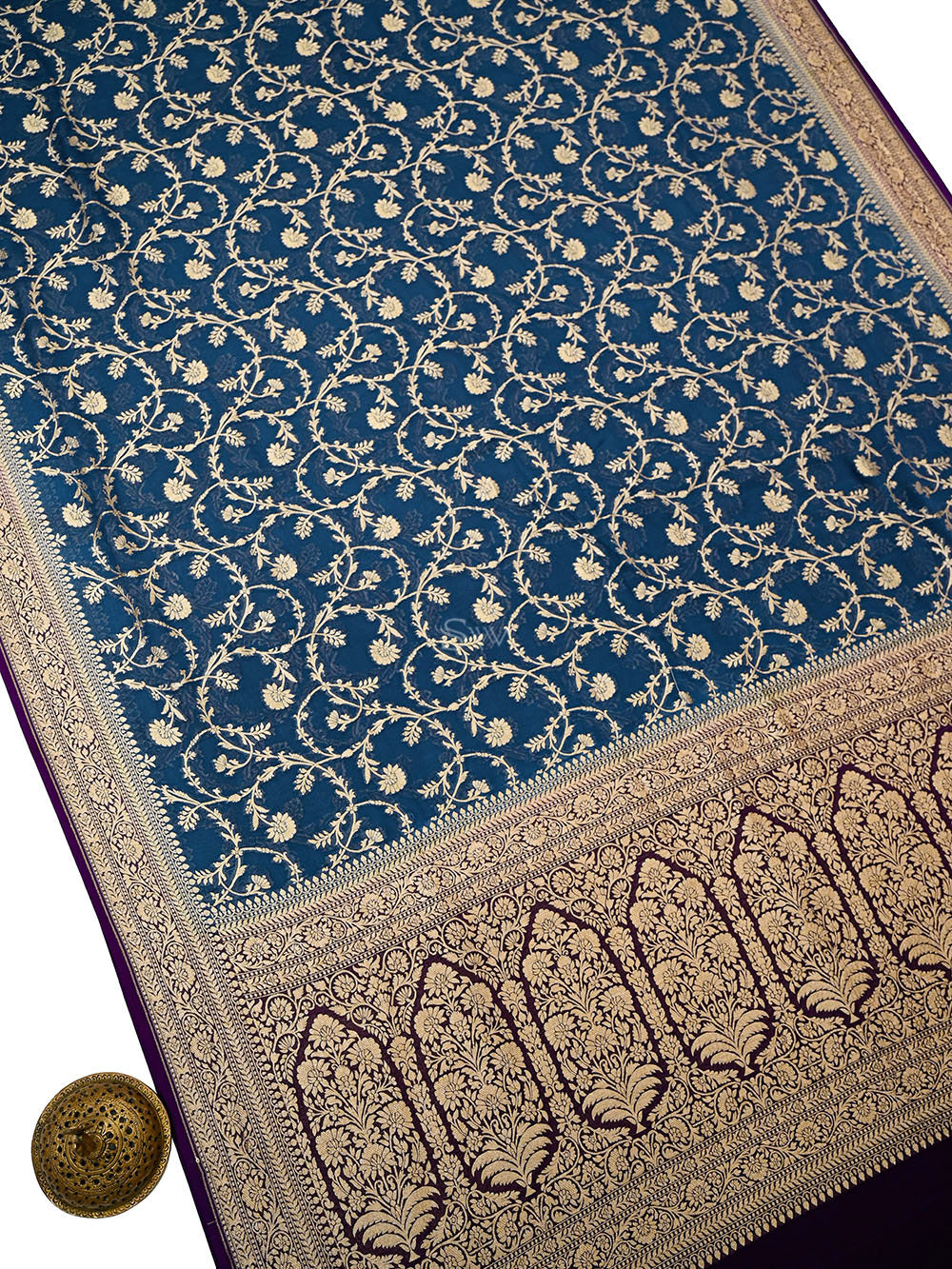 Midnight Blue Jaal Khaddi Georgette Handloom Banarasi Saree - Sacred Weaves