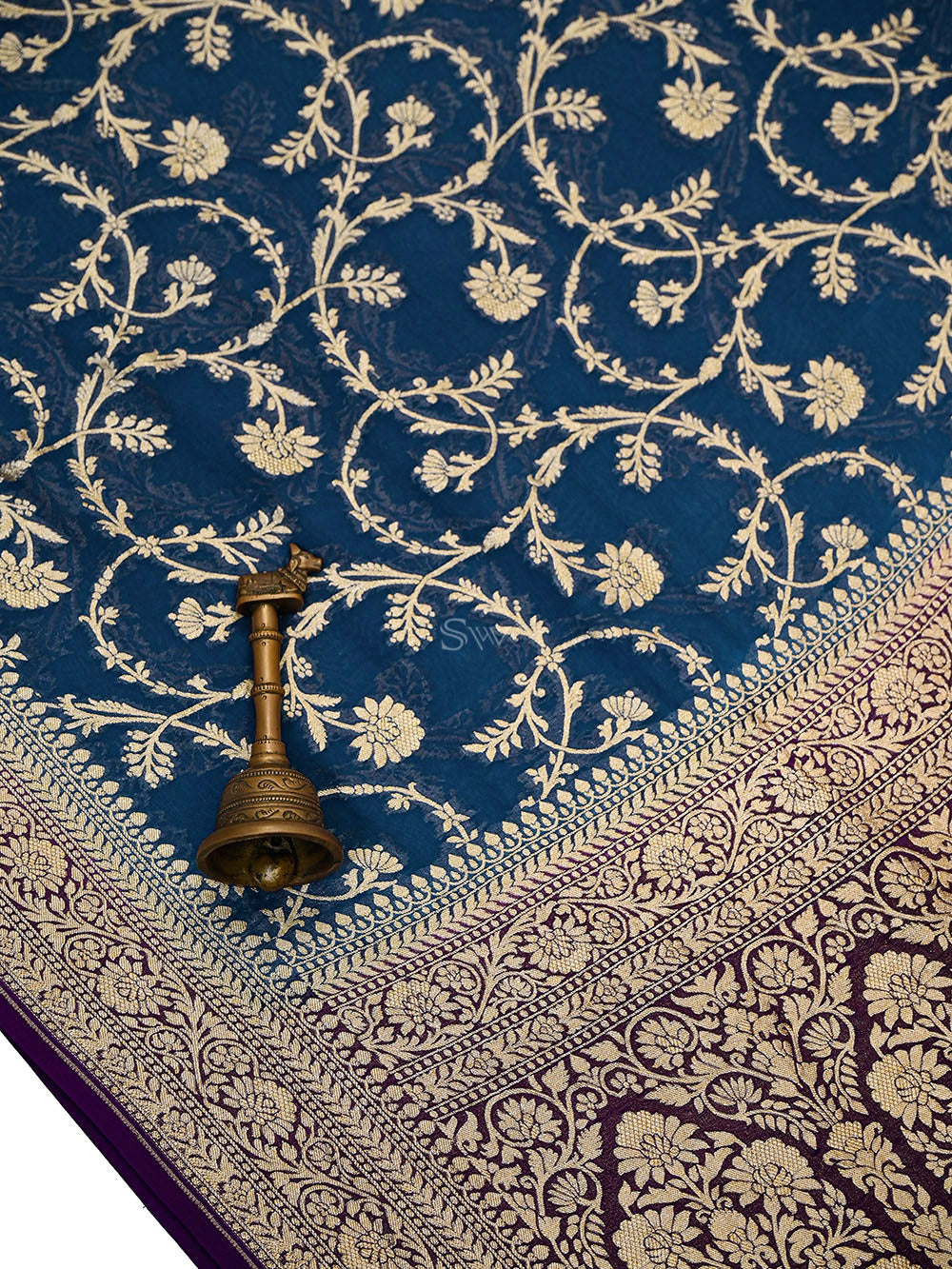Midnight Blue Jaal Khaddi Georgette Handloom Banarasi Saree - Sacred Weaves