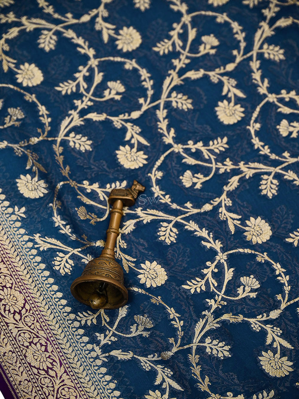 Midnight Blue Jaal Khaddi Georgette Handloom Banarasi Saree - Sacred Weaves