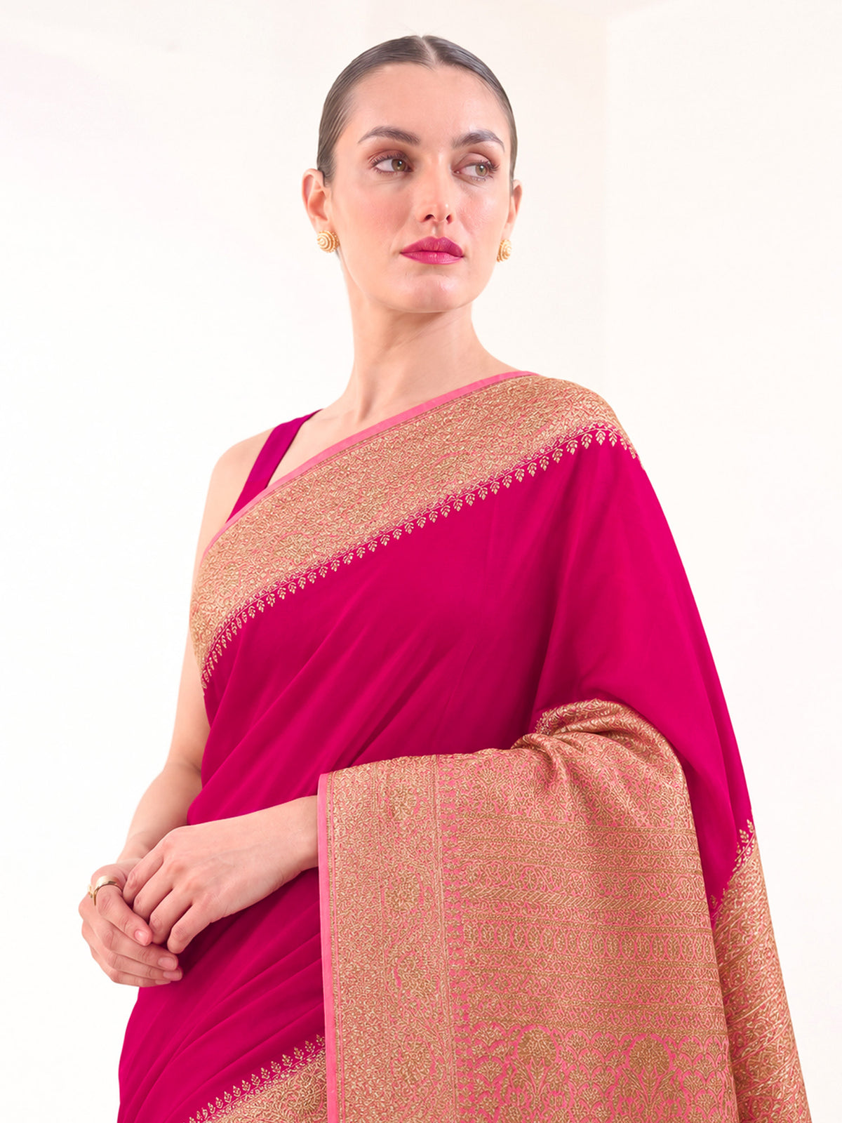 Dark Pink Peach Plain Crepe Silk Handloom Banarasi Saree - Sacred Weaves